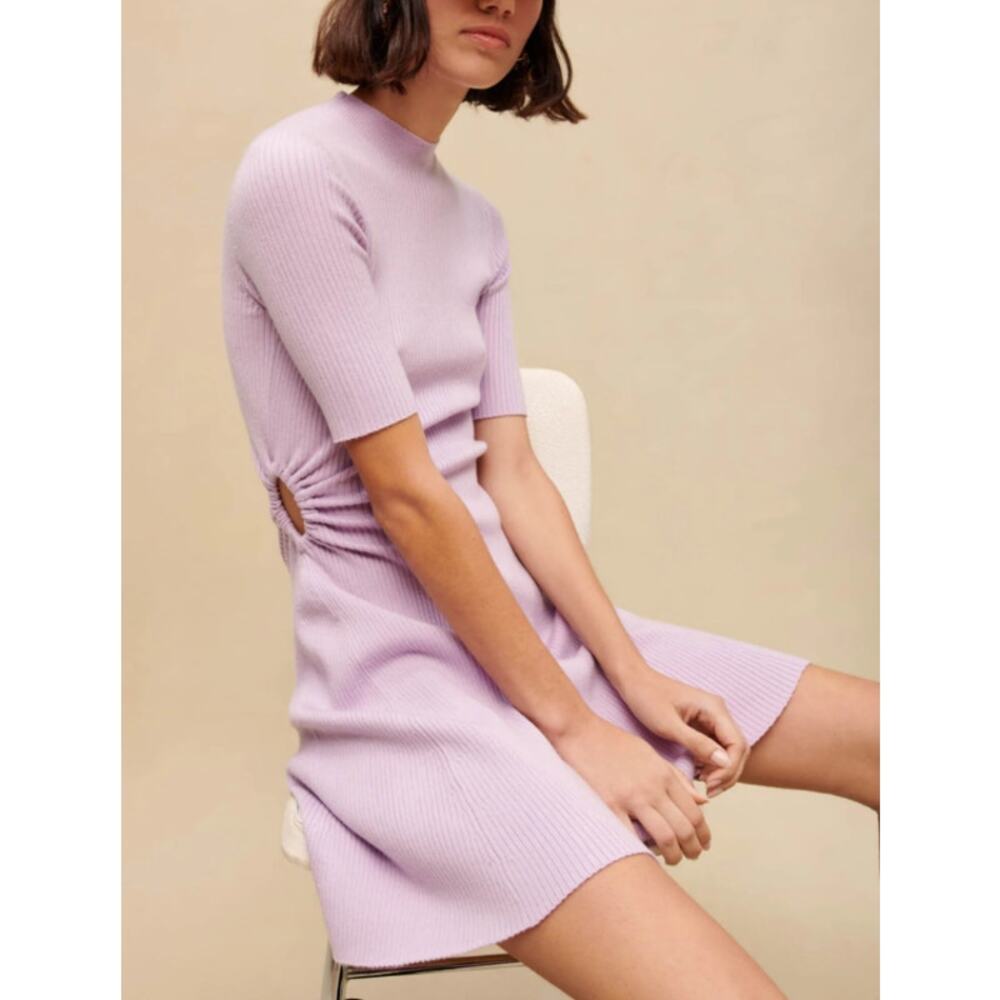 Maje Reine Dress Rib Knit Short Sleeve Mock Neck Fit and Flare Mini Light Purple